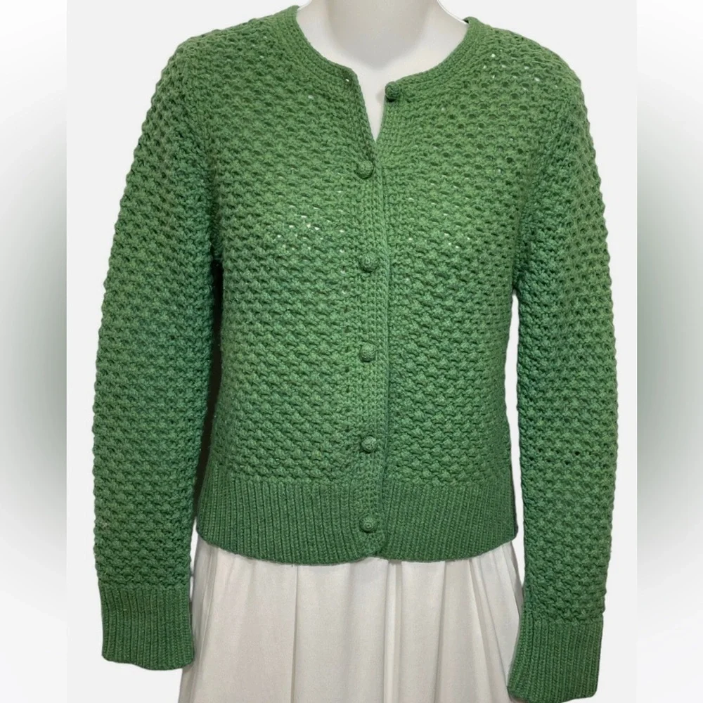 LL Bean Button Cardigan Sweater Size Small Green Angora Wool Popcorn Bobble Knit - Picture 1 of 3